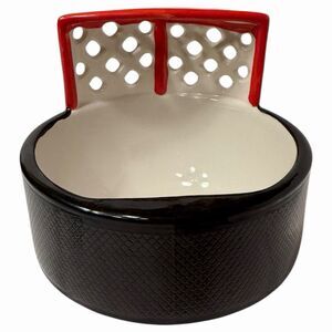 Hockey Puck Soup Bowl 16 oz Ceramic Goal Net Black Red Textured Novelty Gift